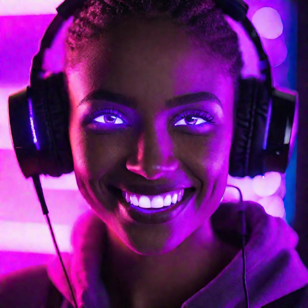 Портрет девушки в наушниках с фиолетовым неоновым свечением