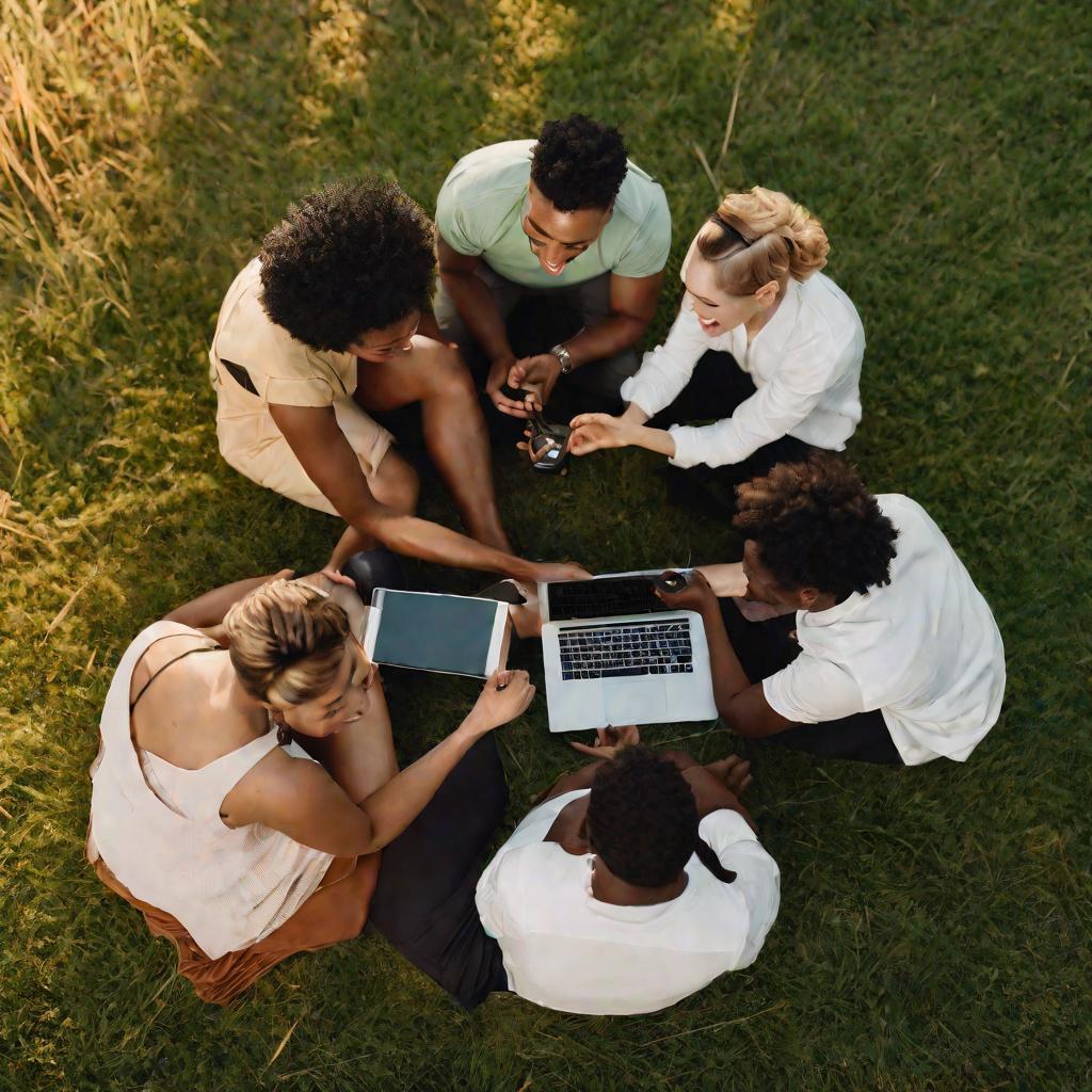 Компания друзей смотрит онлайн-телевизор на планшете в поле на закате