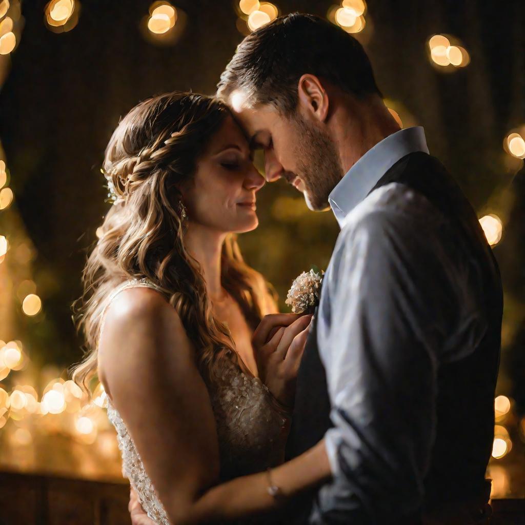 Муж и жена танцуют в полумраке гостиной, держась за руки с обручальными кольцами
