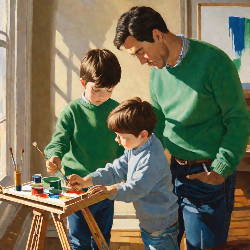 Отец учит сына рисовать красками