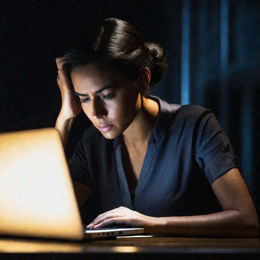 Женщина сосредоточенно смотрит на экран ноутбука