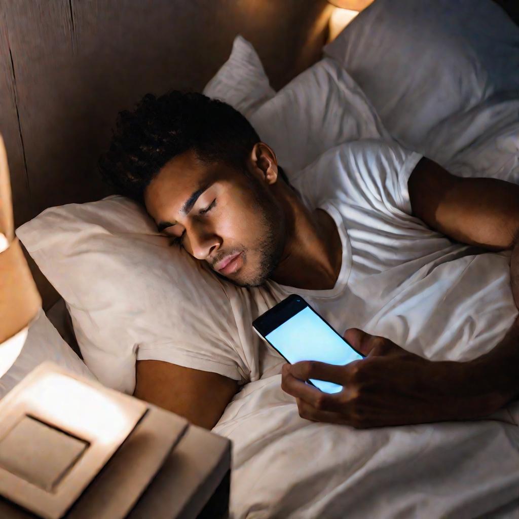 Молодой человек лежит в постели с телефоном