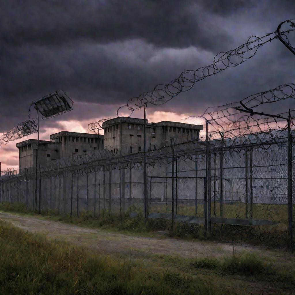 Широкий пейзажный вид внушительного бетонного тюремного комплекса в сумерках под тяжелыми облаками.