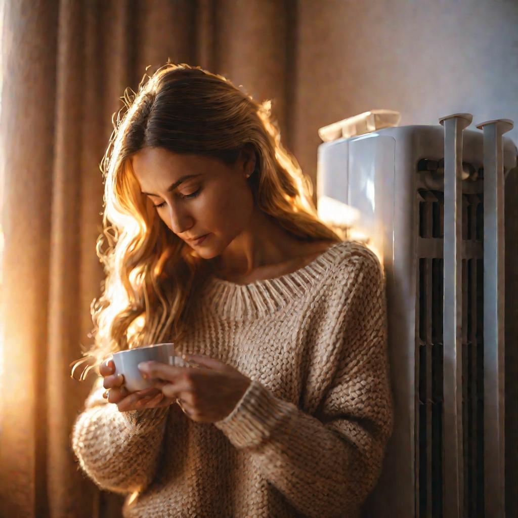 Женщина регулирует термостат на батарее отопления в гостиной