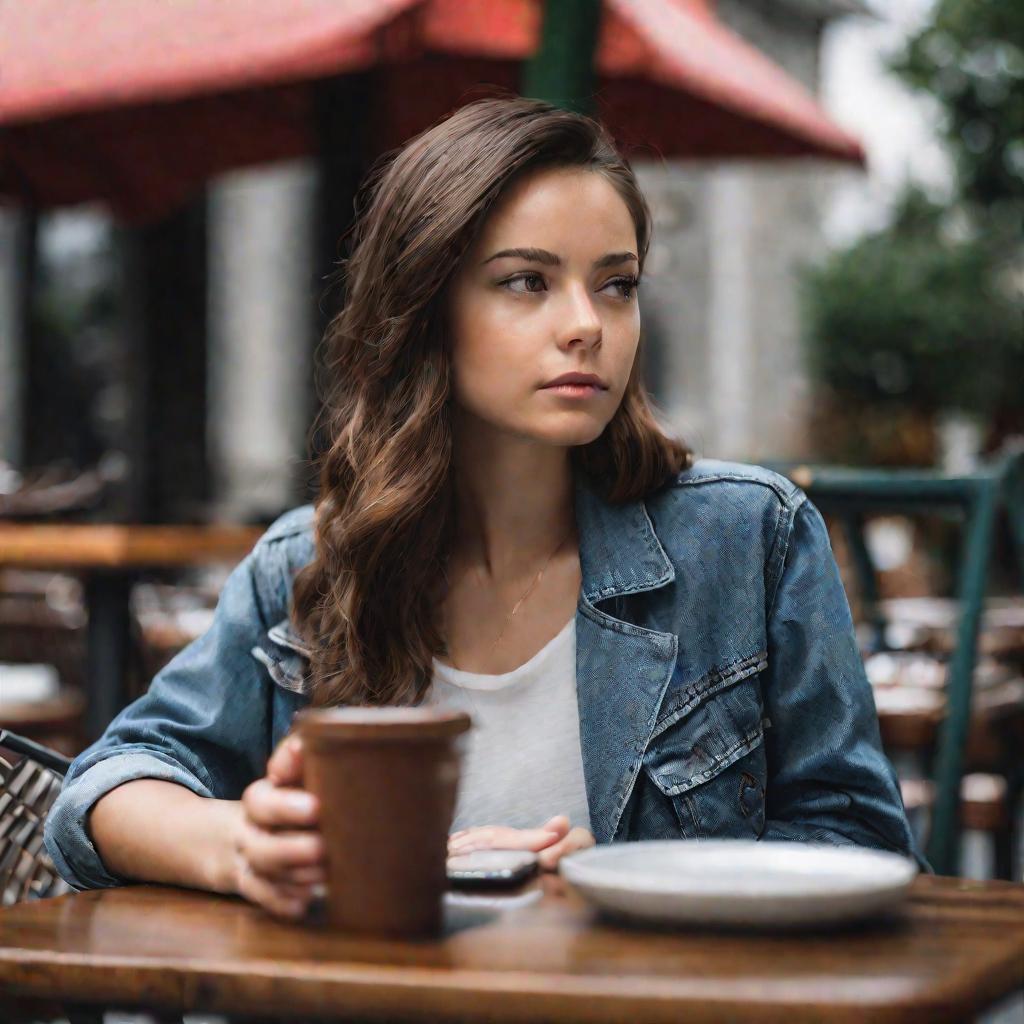 Портрет девушки, сидящей в кафе с телефоном в руках.