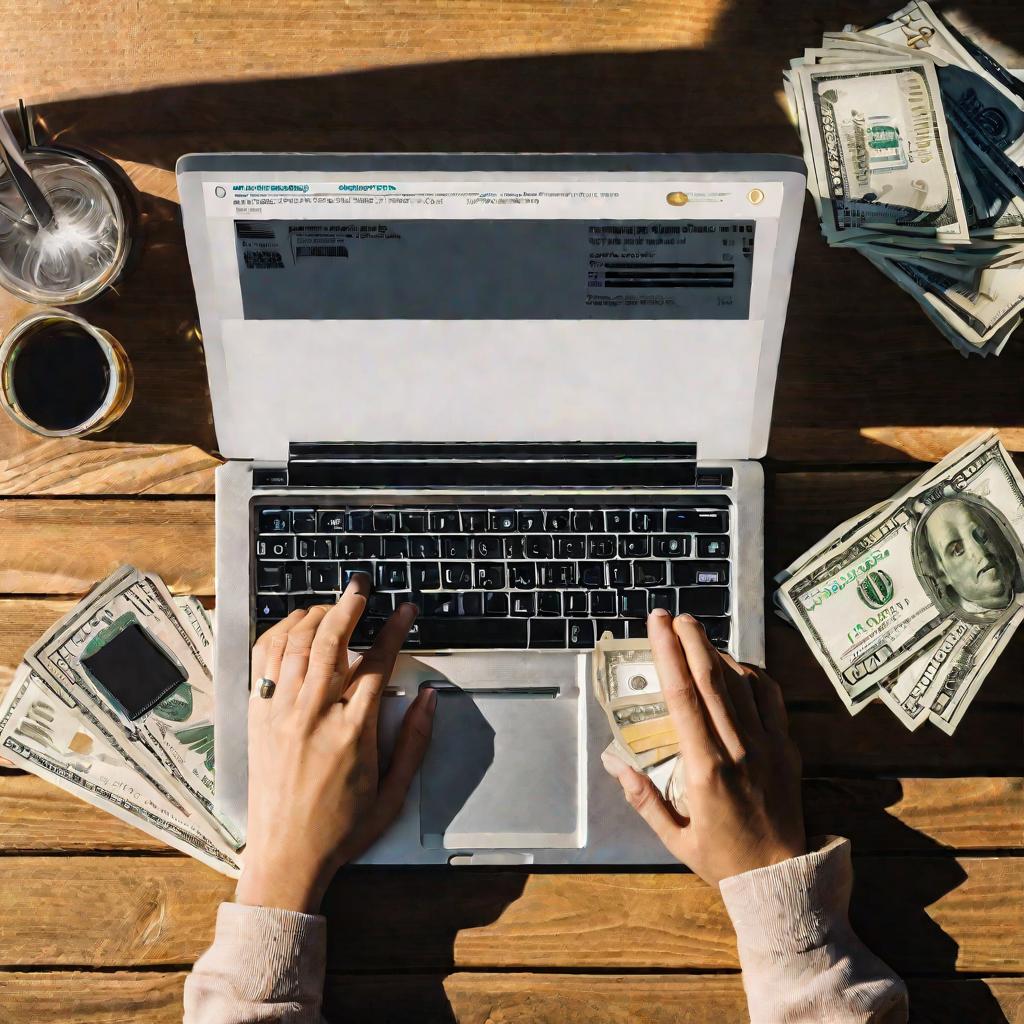 Руки печатают на ноутбуке рядом с наличными деньгами.