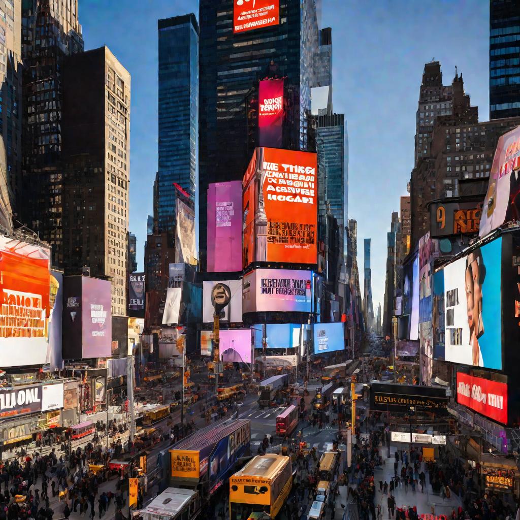 Вид с высоты на разноцветные рекламные щиты и вывески в центральной части Таймс-сквер в Нью-Йорке в солнечный позднеосенний день. На людной сцене люди идут в разных направлениях на фоне оживленного городского пейзажа с высотными зданиями.