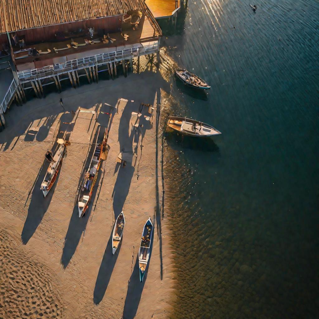 Вид с дрона на пирс с людьми, пользующимися своими телефонами. Позднее послеполуденное солнце отбрасывает теплые лучи, создавая длинные тени. Небольшие лодки спокойно плавают у берега озера.
