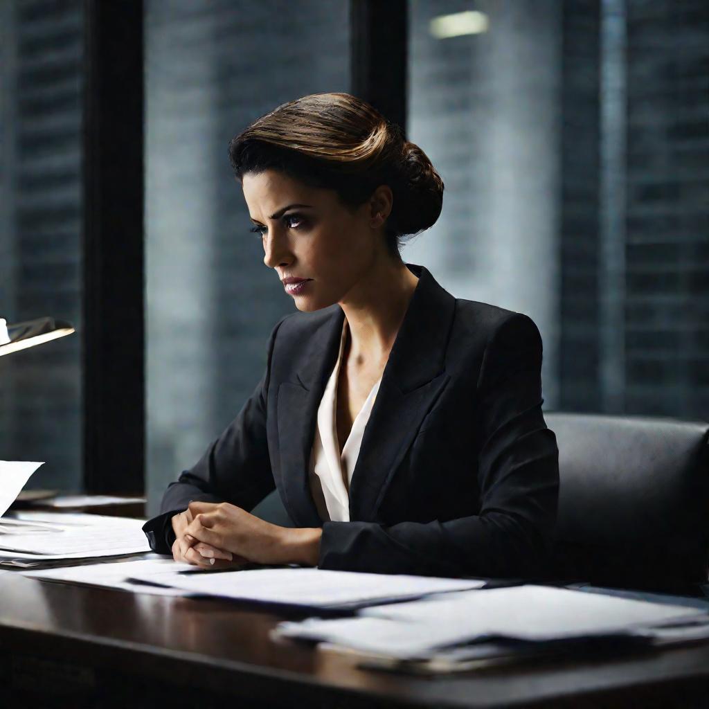 Женщина за рабочим столом в офисе просматривает документы