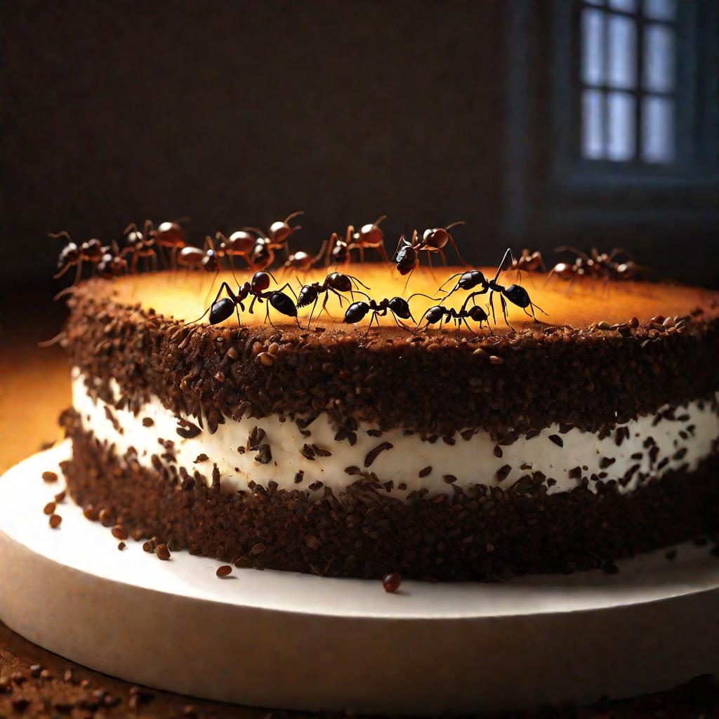 Множество муравьев ползают по сладкому пирогу на столе, подсвеченные утренним светом из окна