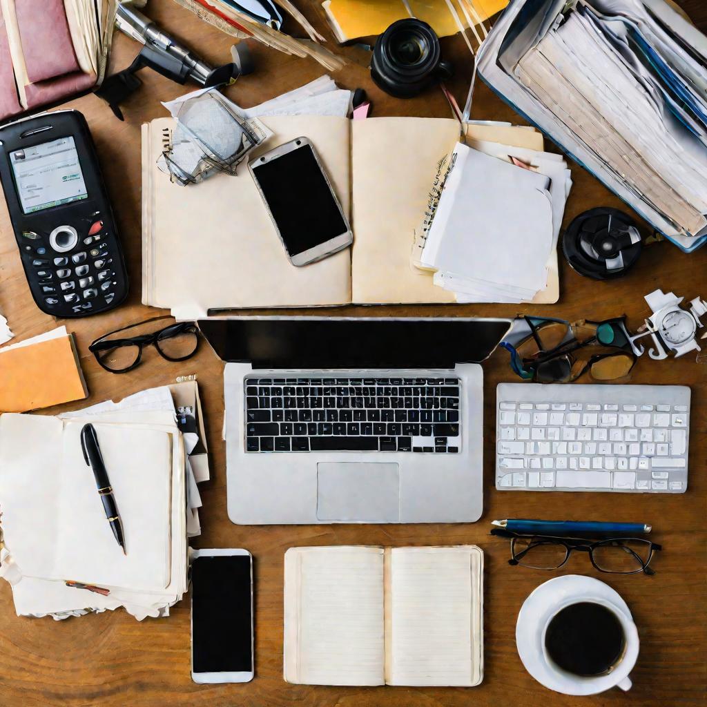 Рабочий стол с ноутбуком, телефоном и книгами.