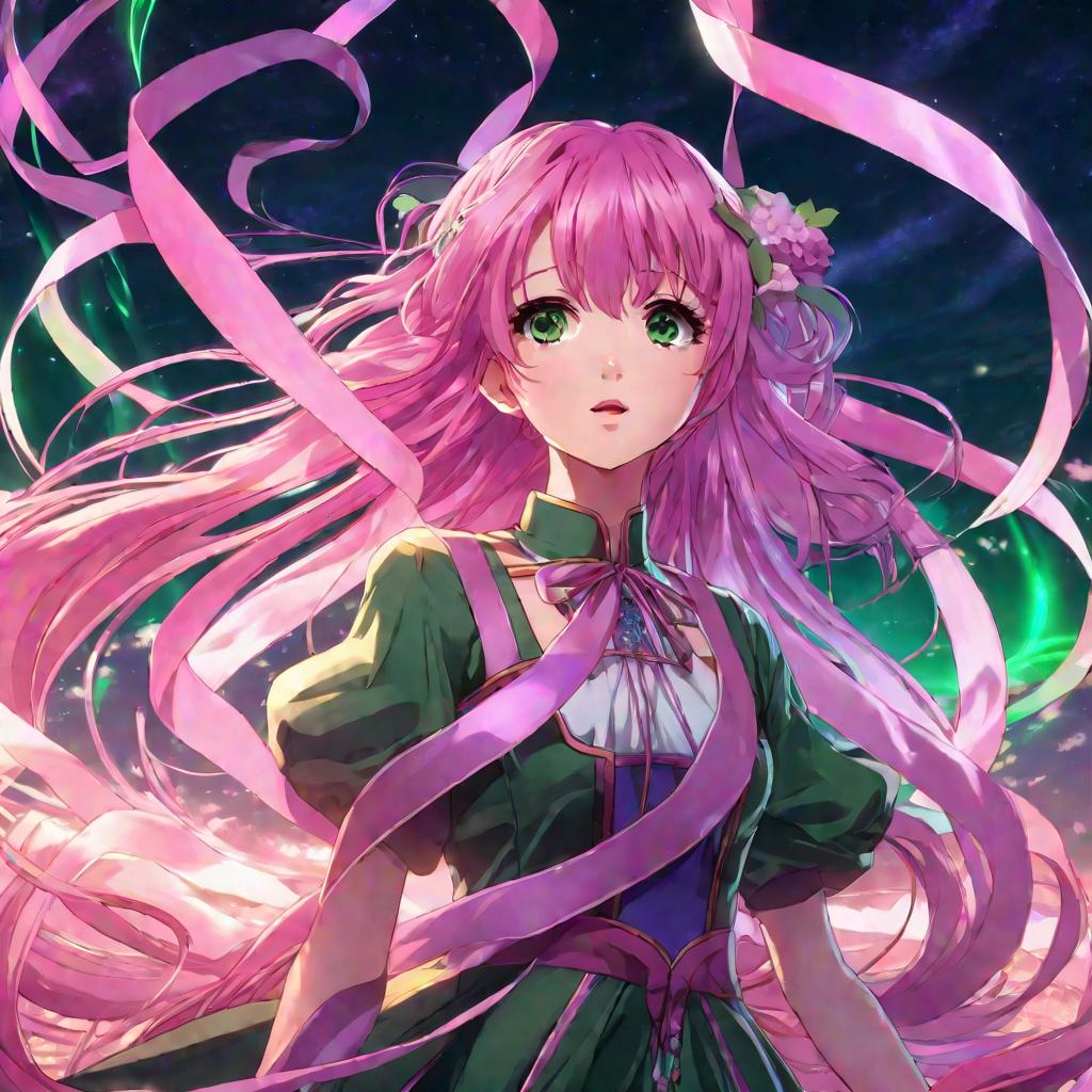 Аниме девушка с розовыми волосами, окруженная зелеными лентами