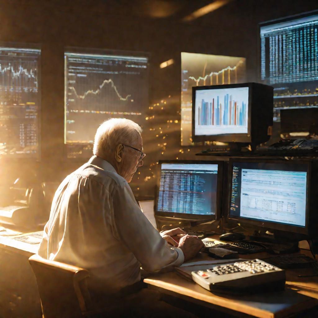 Пожилой мужчина, сидящий за столом перед компьютером, рассчитывает размер своей пенсии