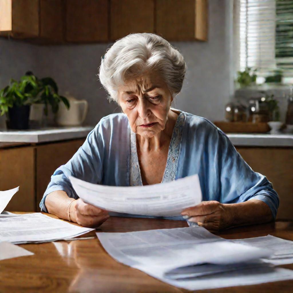 Пожилая женщина с беспокойством читает документ о размере пенсии