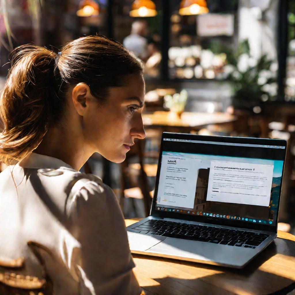 Портрет женщины за ноутбуком в кафе, на экране которого подсвечено вложение EML файла в письме