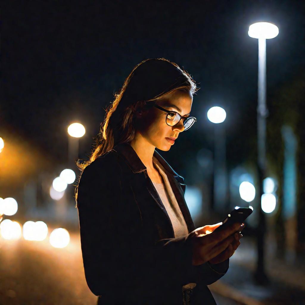 Женщина ищет место по координатам в приложении карты на телефоне ночью на улице