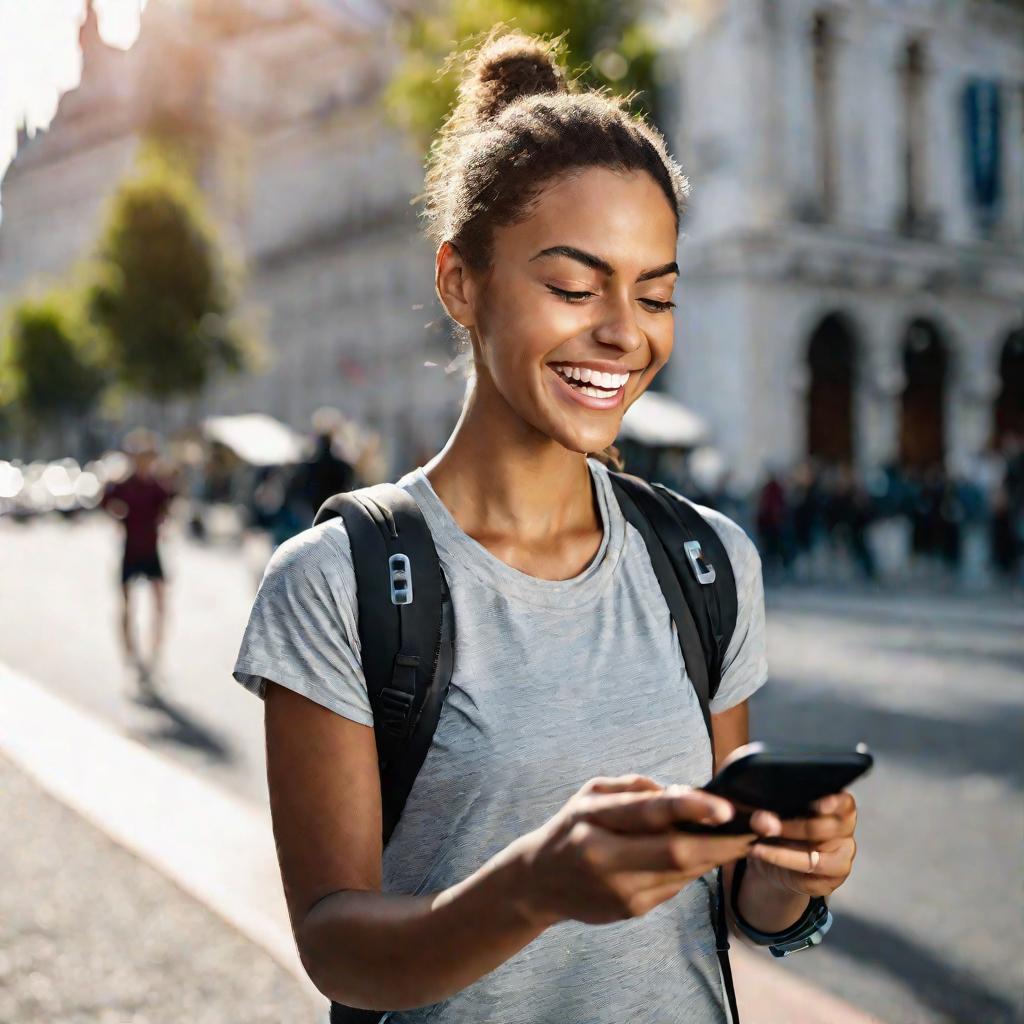 девушка смартфон измеряет маршрут бега по карте приложения на улице города