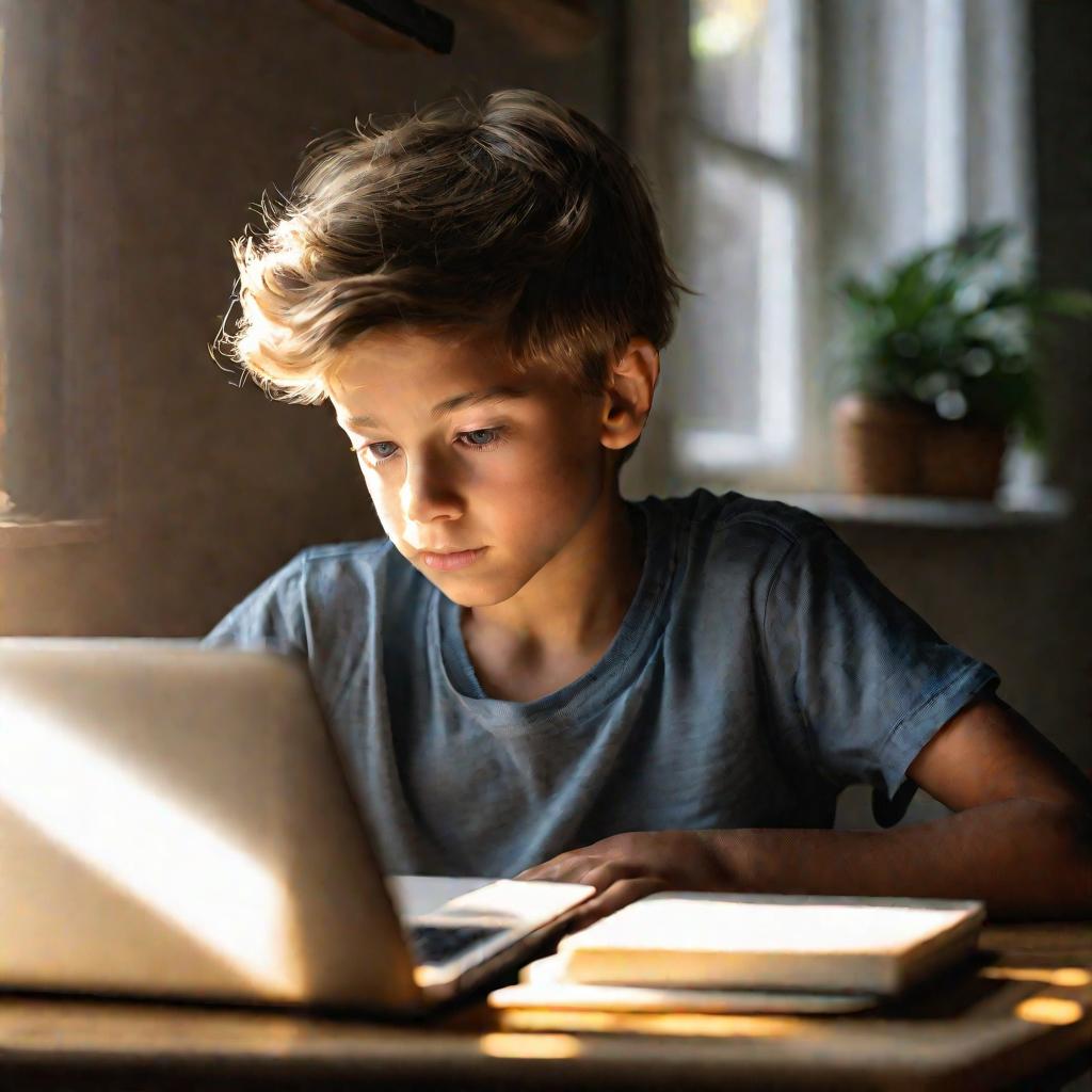 Крупный портрет мальчика дома с ноутбуком
