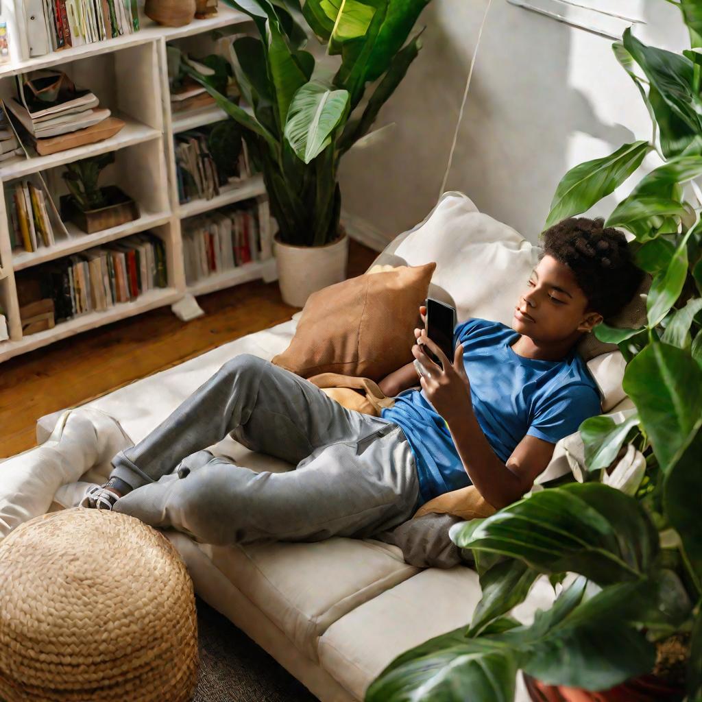 Подросток лежит на диване с телефоном, на экране приложение Google One с оплатой