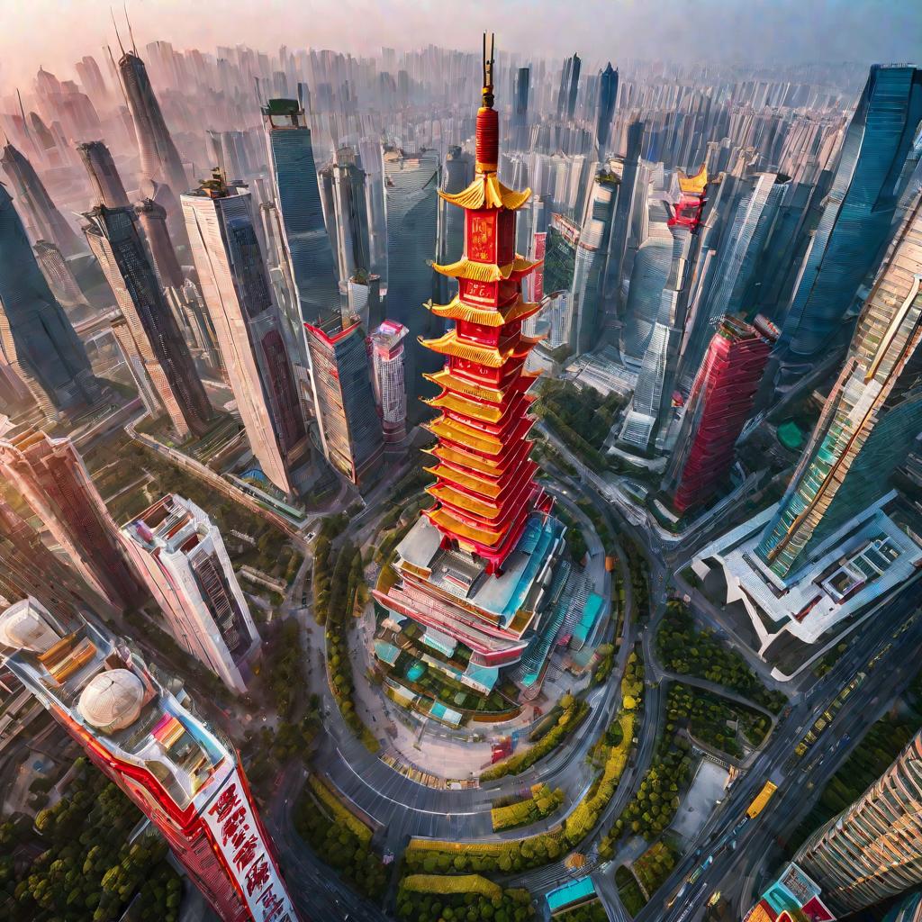 Вид сверху на яркий и красочный город в Китае в солнечное утро