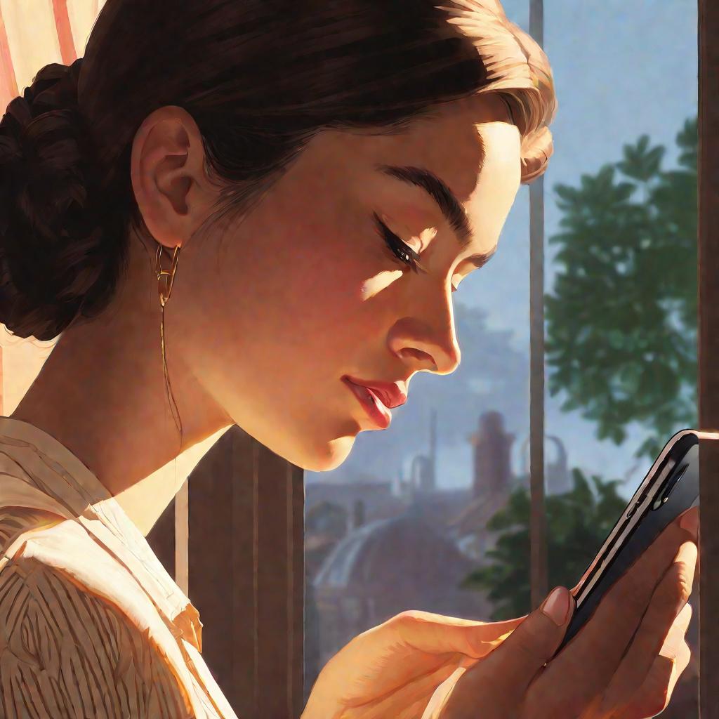 Крупным планом портрет молодой задумчивой женщины, смотрящей в экран телефона, который отражается в ее очках.