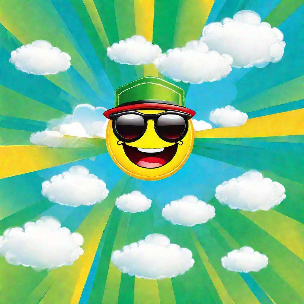 Веселый смайлик в зеленой пропеллерной шапочке и солнцезащитных очках на фоне голубого неба с облаками.