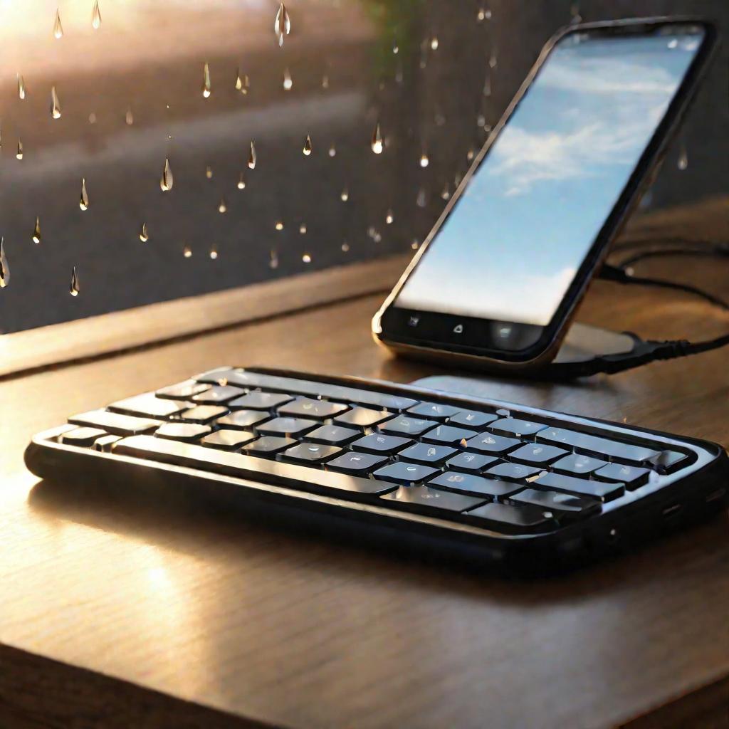 Смартфон на столе с открытой клавиатурой