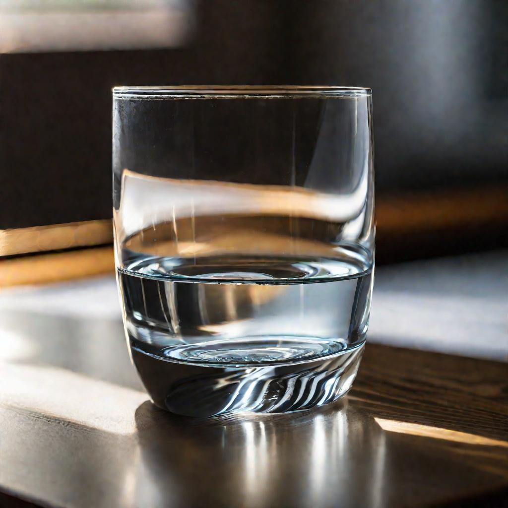 Крупный план наполовину пустого стакана воды, стоящего под небольшим углом на салфетке на столе. Стакан наполнен чистой прозрачной водой, на поверхности легкая рябь отражает мягкий естественный свет из окна. По округлой поверхности пляшут блики.