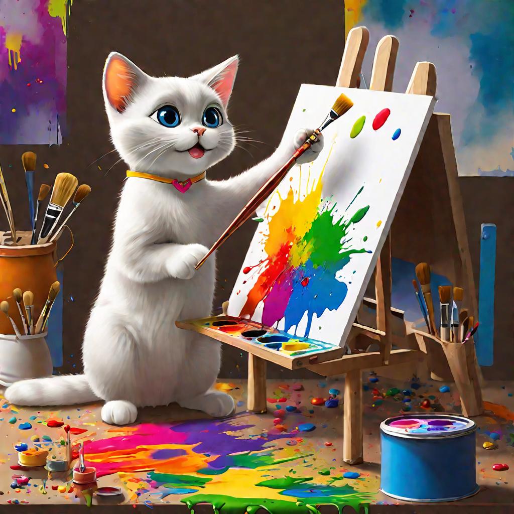 Красочная веселая мультипликационная сцена, где Супер Кот рисует картину в художественной студии в солнечный день
