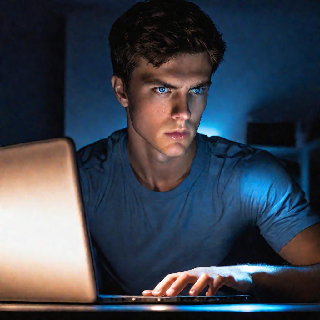 Молодой человек вводит сложный пароль на ноутбуке