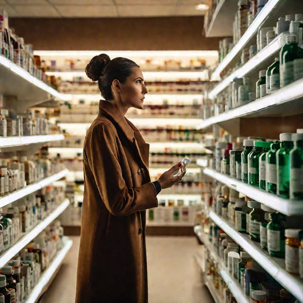 Женщина в аптеке смотрит на полки с лекарствами