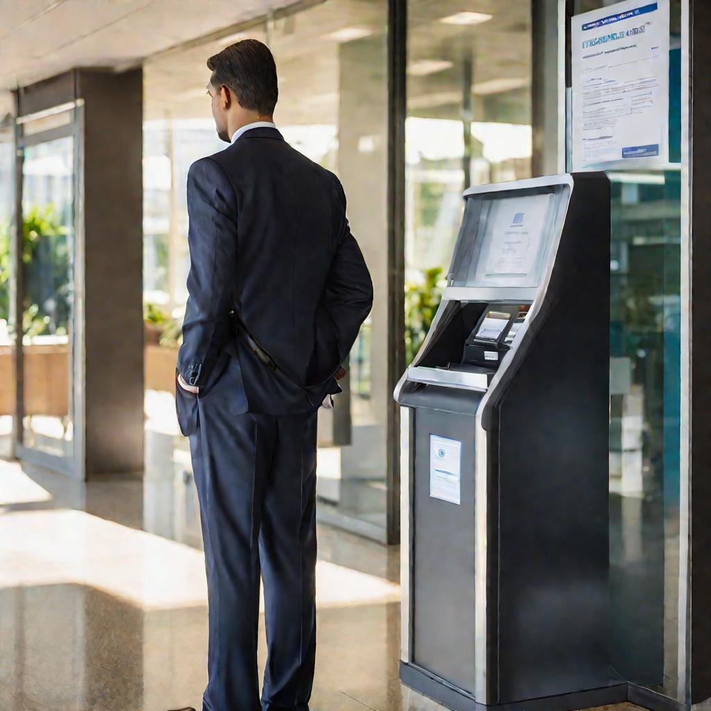 Мужчина в костюме входит в двери налоговой инспекции с талоном на онлайн запись в руках