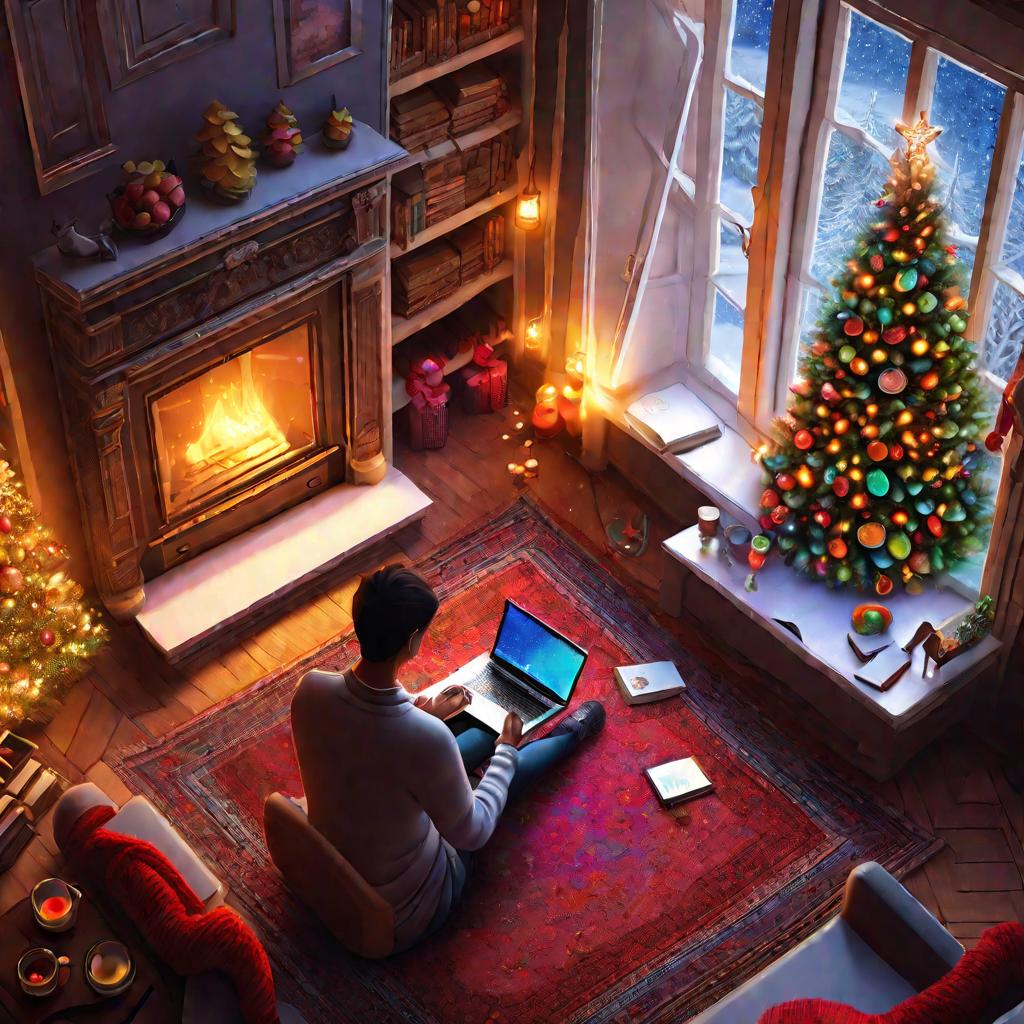 Вид сверху на уютную гостиную зимним утром. За большим окном идет снег. Человек сидит на ковре у горящего камина и рисует натюрморт с ноутбуком, фруктами, цветами и книгами.