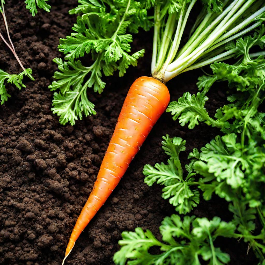 Свежая морковка с зелеными листьями на темной земле