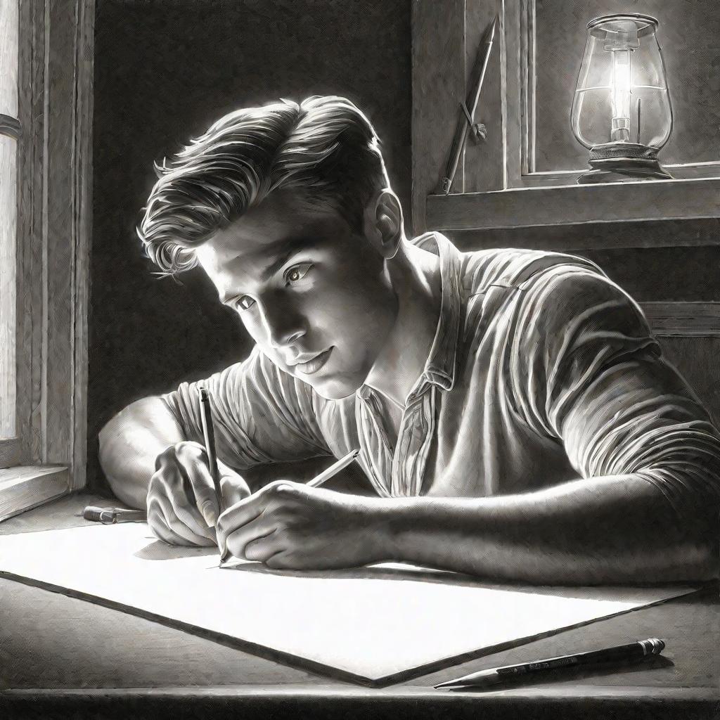 Портрет молодого человека, с увлечением рисующего лампу карандашом на белом листе бумаги.