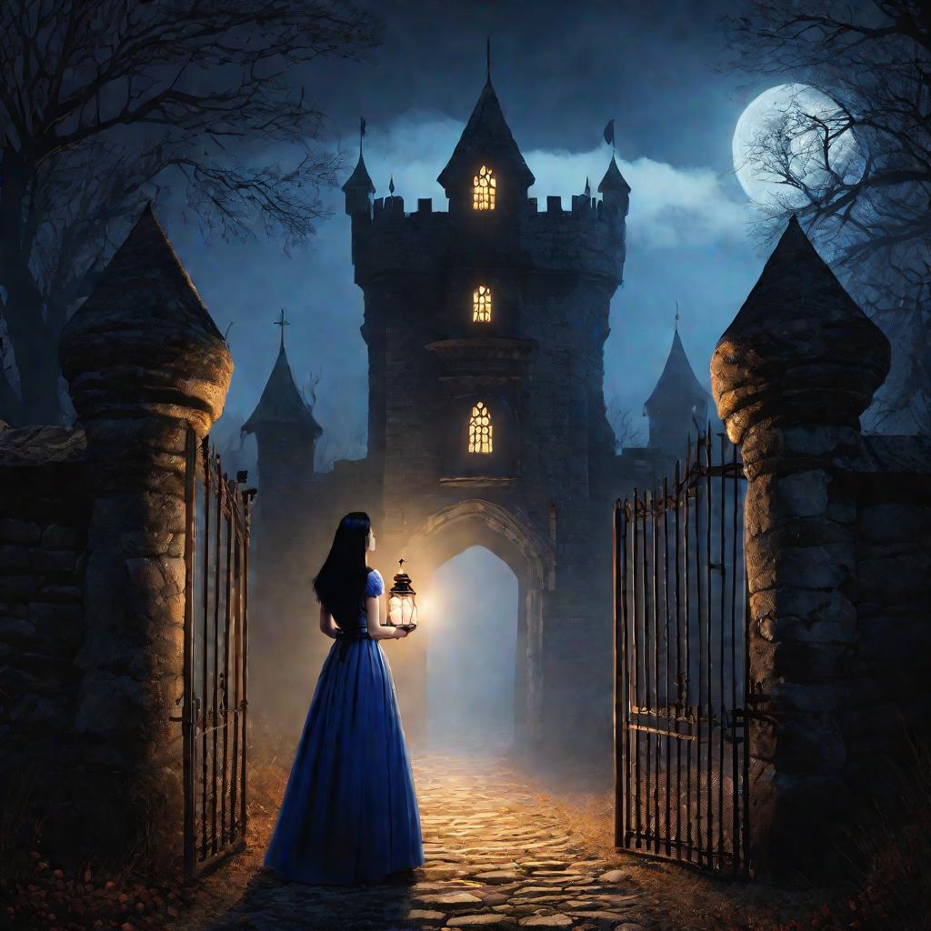 Алиса у ворот замка ночью с фонарем