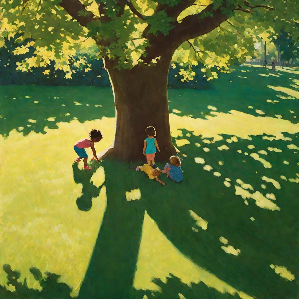 Дети прячутся за деревом в парке