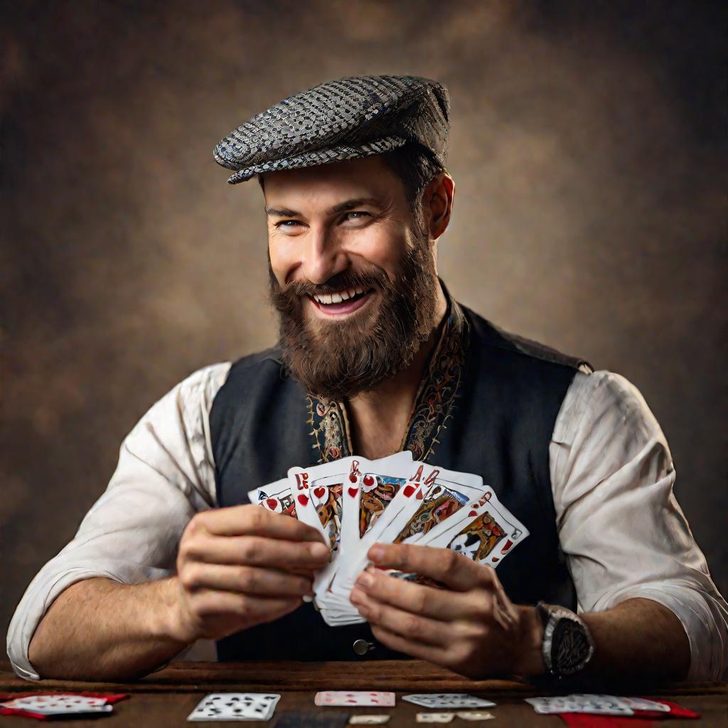Портрет бородатого мужчины с хитрым видом держит карты для игры в переводного дурака.