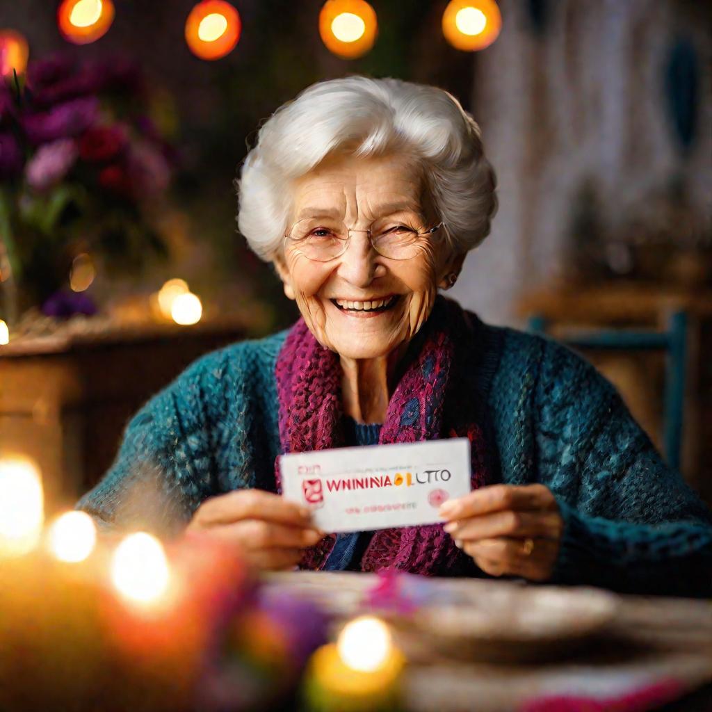 Пожилая женщина с выигрышной карточкой