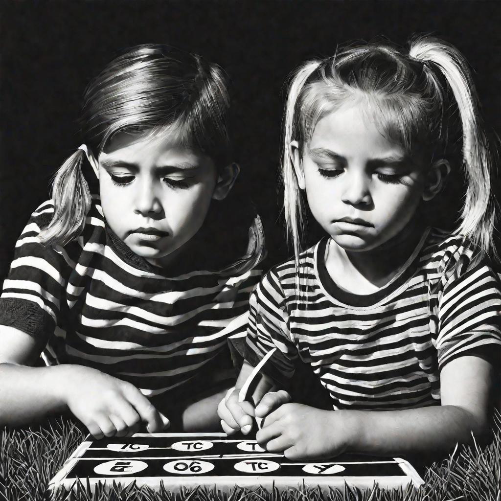 Портрет детей, мальчика и девочки, играющих в крестики-нолики.