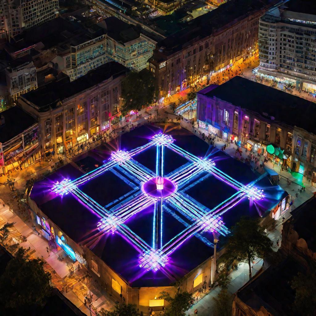 Огромные светящиеся крестики-нолики, спроецированные на городской площади ночью.