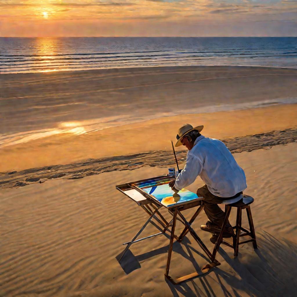 Художник рисует на пляже на закате