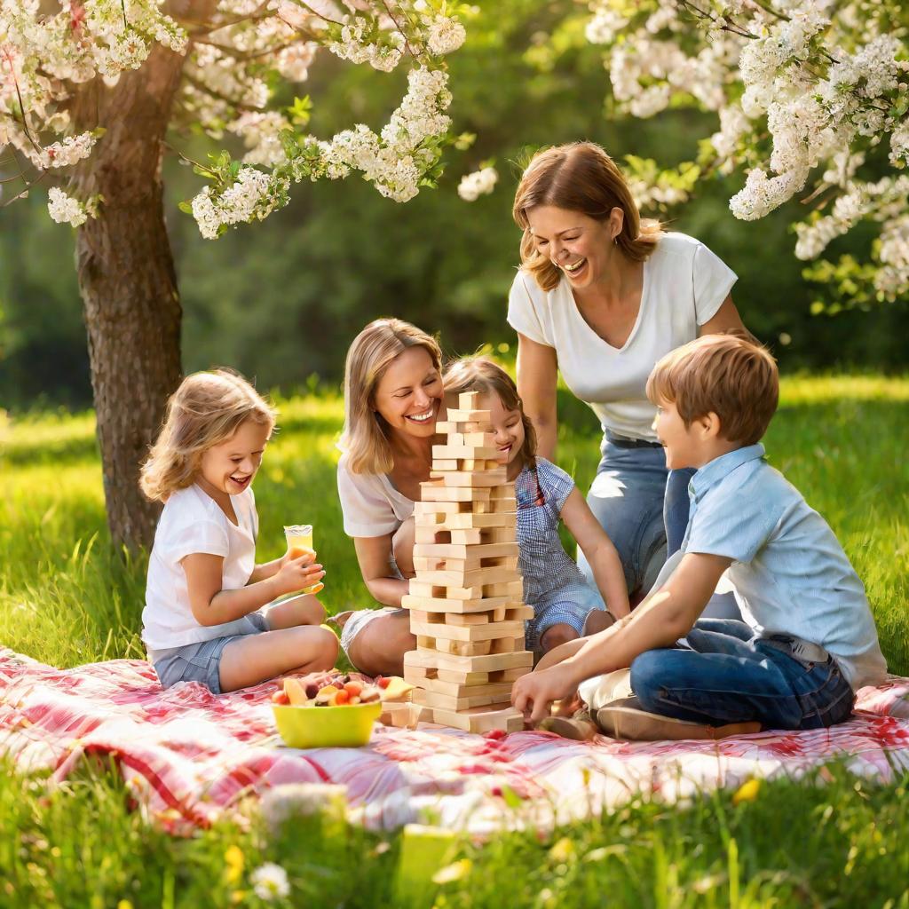 Семья играет в Дженгу на пикнике