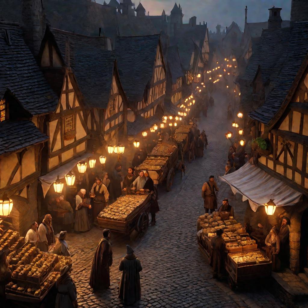 Торговец предлагает карты для гвинта прохожим на оживленной средневековой улице
