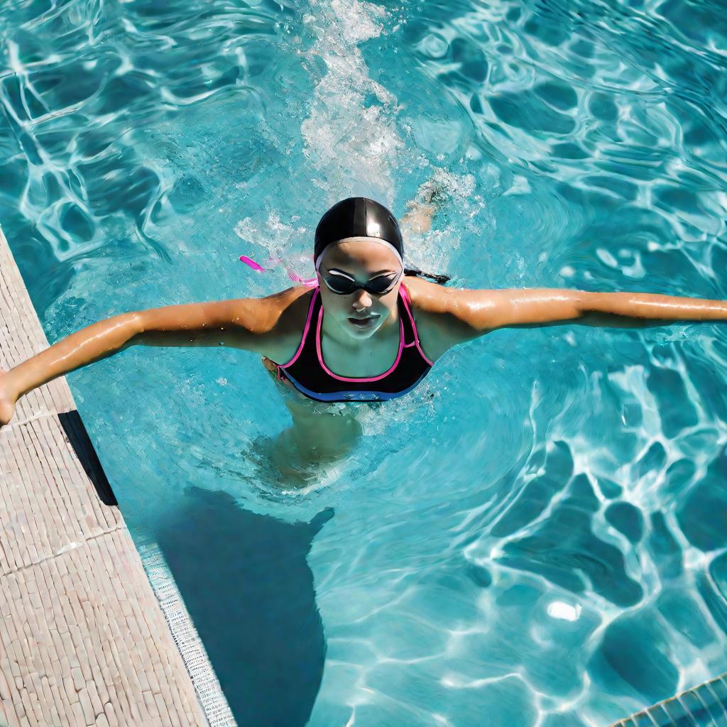 Девушка плавает в бассейне на солнце