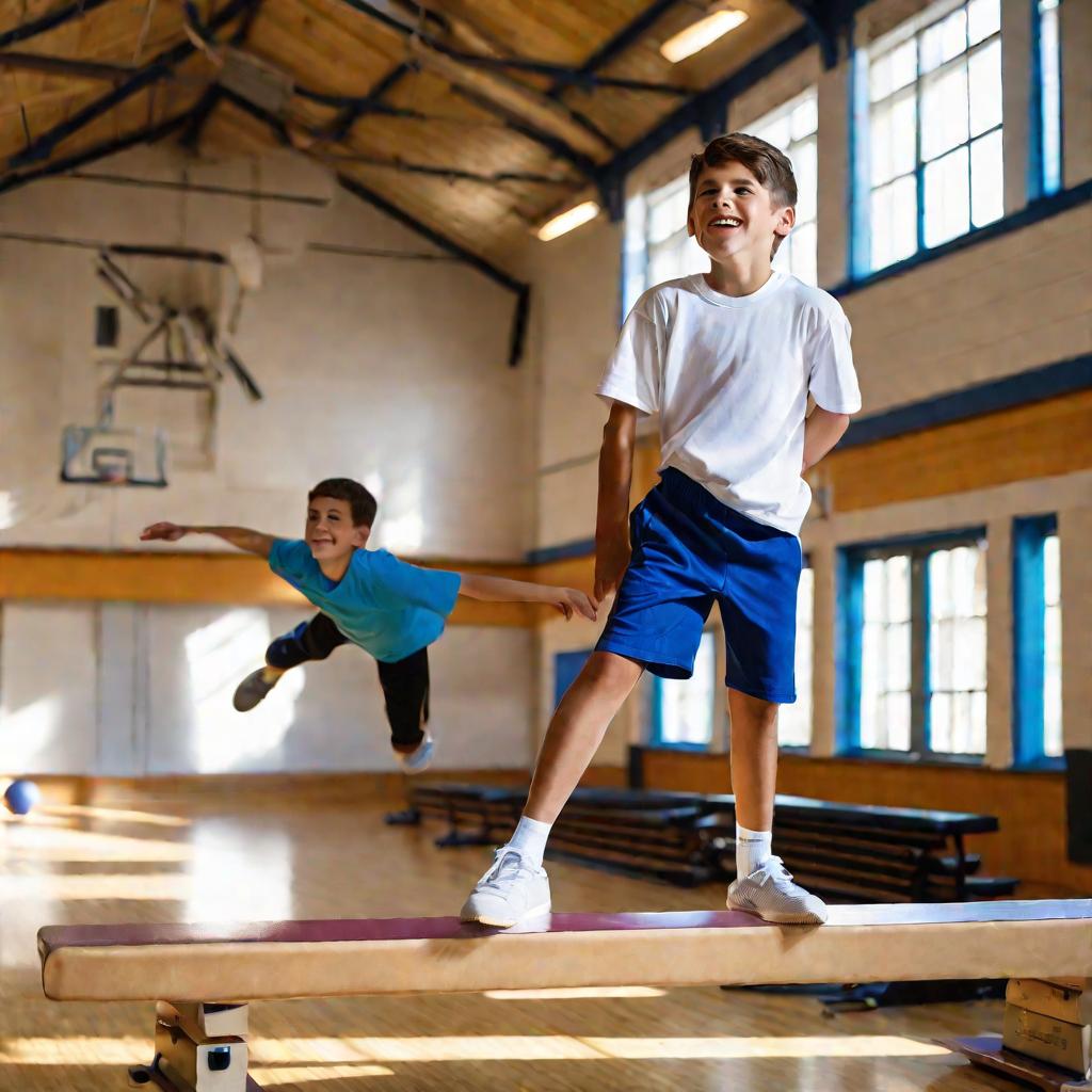 Мальчик тренируется на бревне в спортзале школы, утренний свет