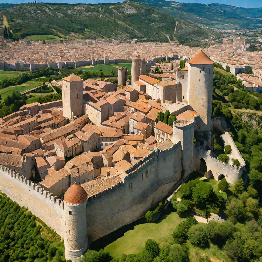Широкий вид с высоты на укрепленный гугенотский город на юге Франции в конце 16 века. Солнечный день с ясным голубым небом. Город окружен высокими каменными стенами и башнями. Внутри стен тесно прижаты друг к другу каменные здания с красными черепичными к