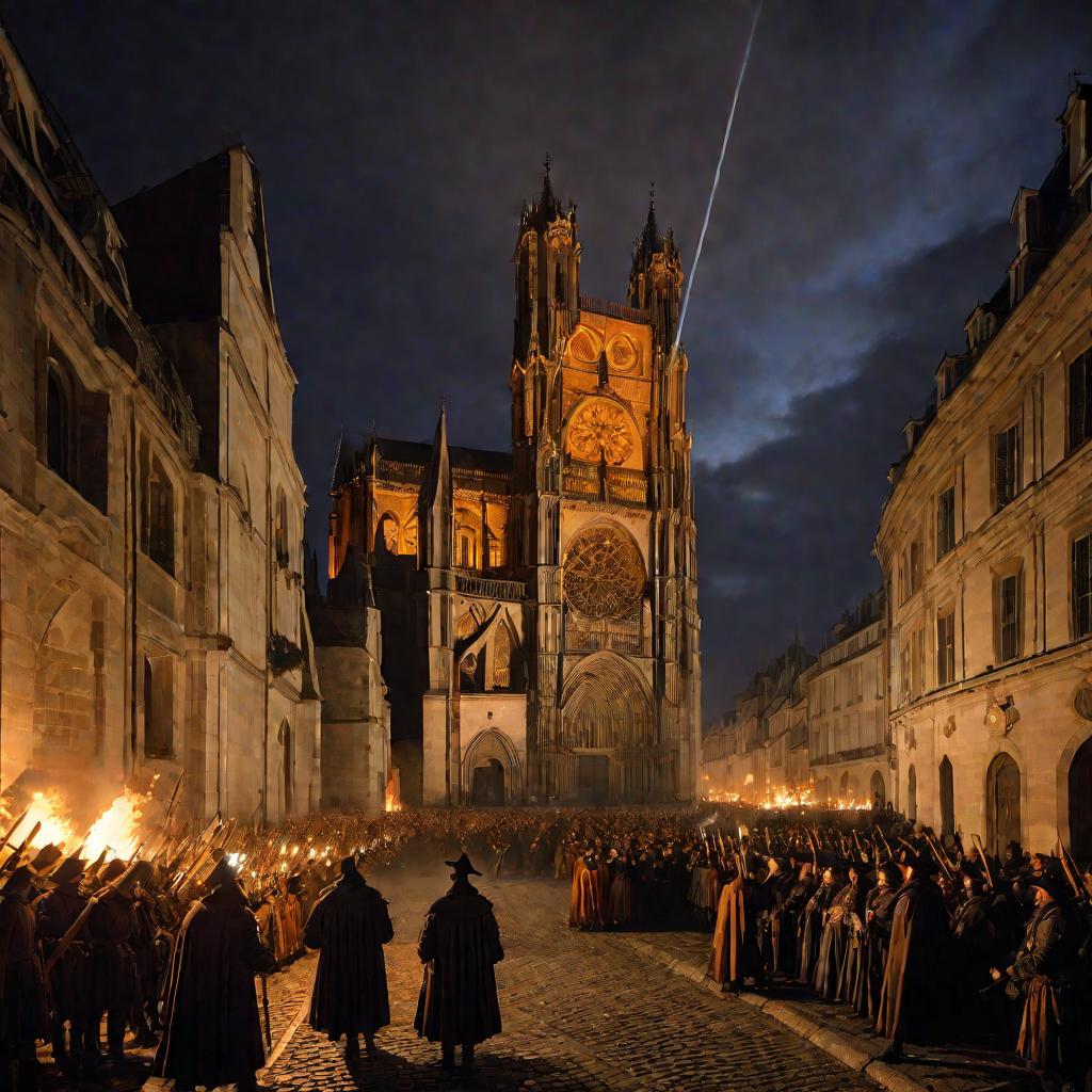 Широкоугольный вид ночной сцены на улице перед собором во время религиозных волнений во Франции в конце 16 века. Сердитые толпы протестантов-гугенотов и католических солдат стоят друг против друга. Они кричат, размахивают оружием и факелами, которые светя