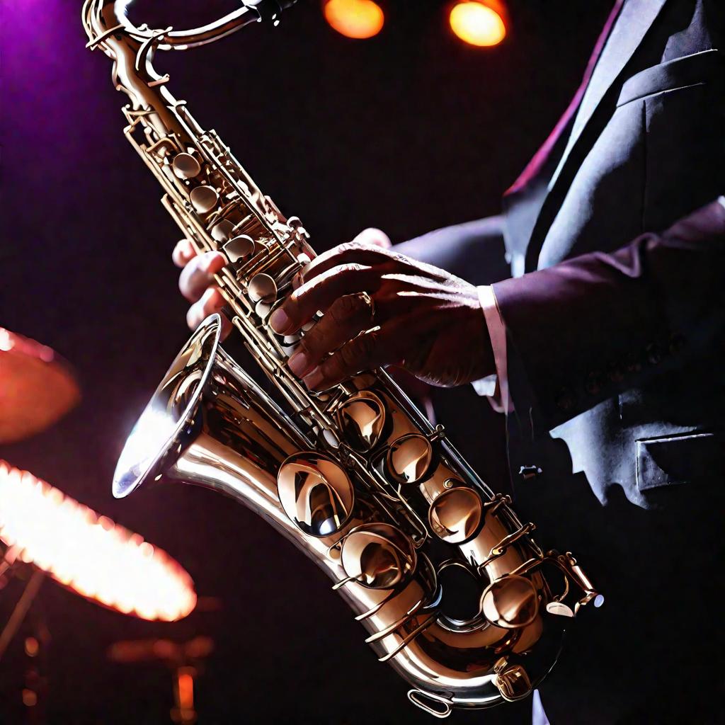 Крупный план рук музыканта, играющего на саксофоне в джаз-клубе.