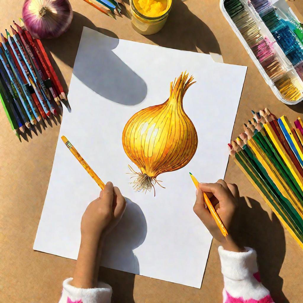 Детская рука рисует лук простым карандашом.